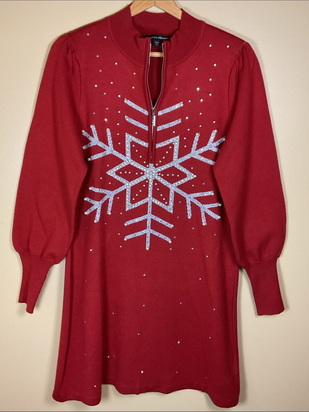 Boston Proper Red Sequin Snowflake Zip-Front Sweater Dress size M